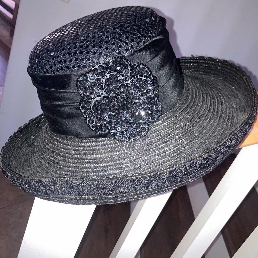 Whittall and Shon women’ Black Sequin Flower Ribbon Sun Hat